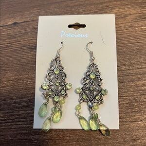 NWT Precious Silver & Green Elegant Sparkle Beaded Dangle Chandelier Earrings